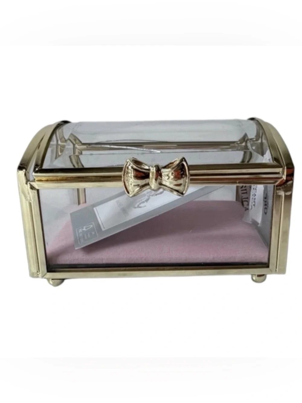 Gold trim and Glass Jewelry Box vintage style pink cushion